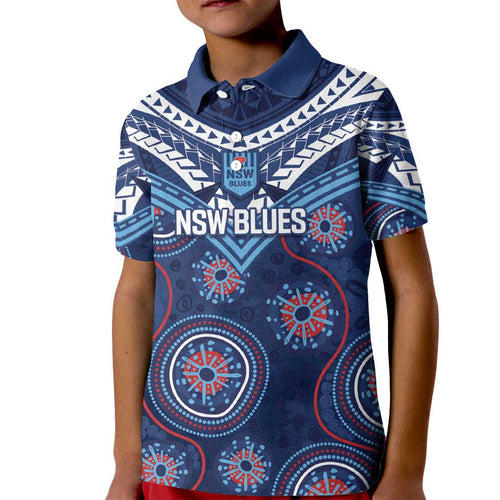 Personalized Australia NSW Blues Kid Polo Shirt Indigenous Aboriginal Mix Polynesian Motifs