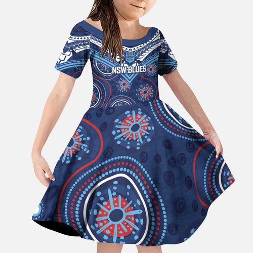 Personalized Australia NSW Blues Kid Short Sleeve Dress Indigenous Aboriginal Mix Polynesian Motifs