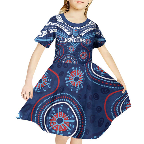 Personalized Australia NSW Blues Kid Short Sleeve Dress Indigenous Aboriginal Mix Polynesian Motifs
