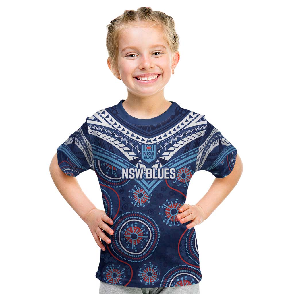 Personalized Australia NSW Blues Kid T Shirt Indigenous Aboriginal Mix Polynesian Motifs