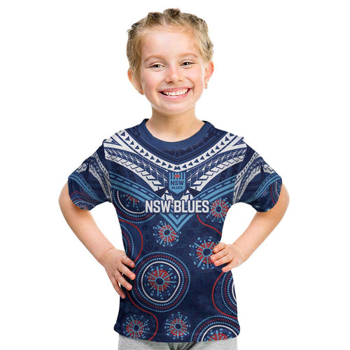 Personalized Australia NSW Blues Kid T Shirt Indigenous Aboriginal Mix Polynesian Motifs