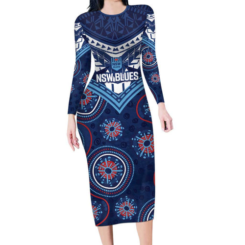 Personalized Australia NSW Blues Long Sleeve Bodycon Dress Indigenous Aboriginal Mix Polynesian Motifs