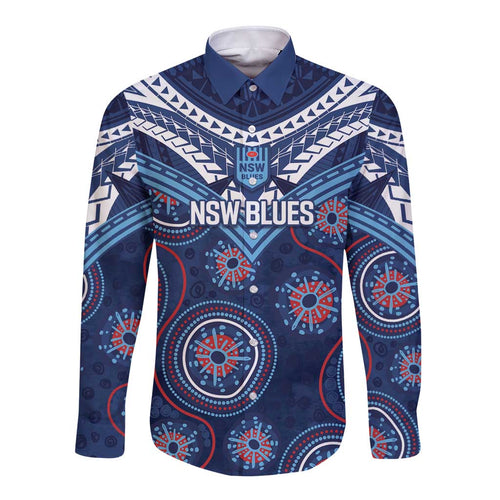 Personalized Australia NSW Blues Long Sleeve Button Shirt Indigenous Aboriginal Mix Polynesian Motifs
