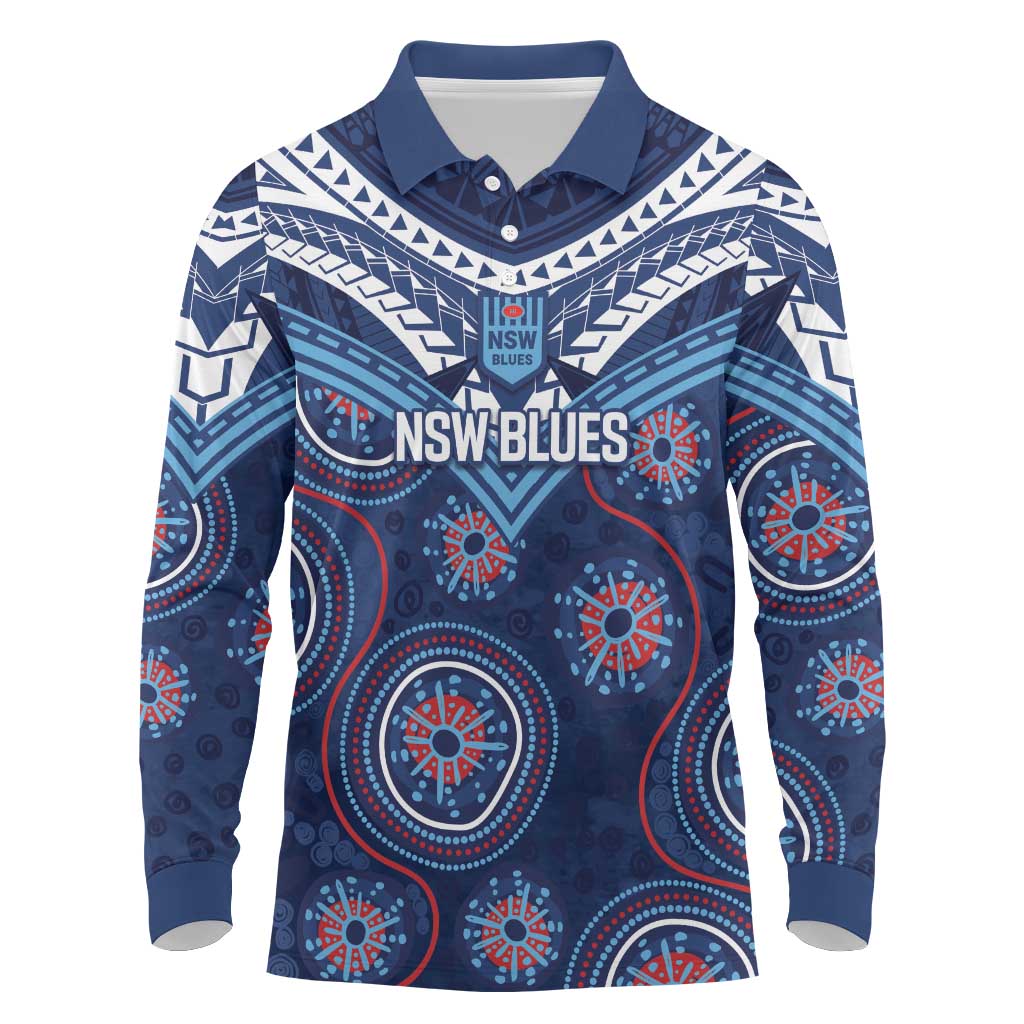 Personalized Australia NSW Blues Long Sleeve Polo Shirt Indigenous Aboriginal Mix Polynesian Motifs