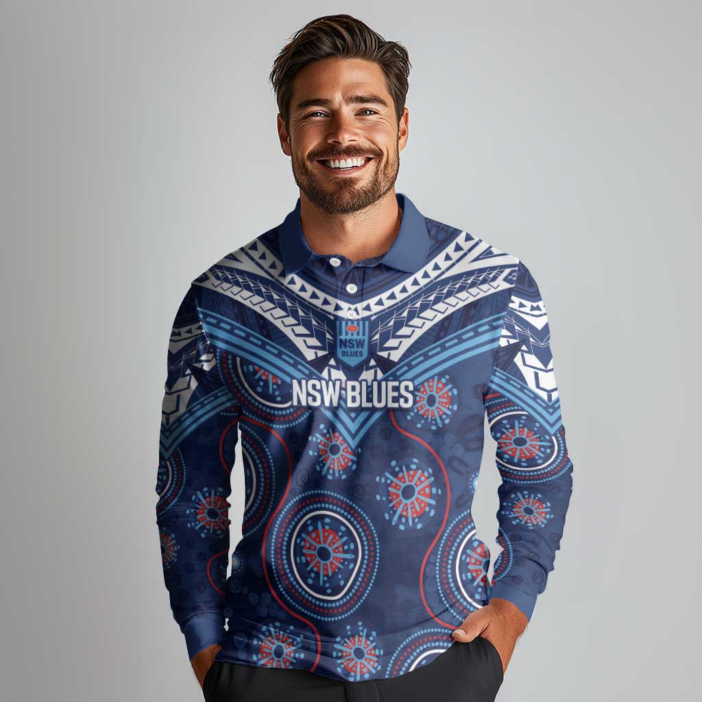 Personalized Australia NSW Blues Long Sleeve Polo Shirt Indigenous Aboriginal Mix Polynesian Motifs