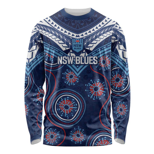 Personalized Australia NSW Blues Long Sleeve Shirt Indigenous Aboriginal Mix Polynesian Motifs