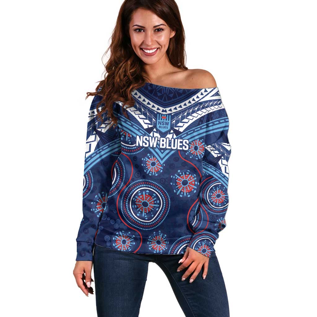 Personalized Australia NSW Blues Off Shoulder Sweater Indigenous Aboriginal Mix Polynesian Motifs