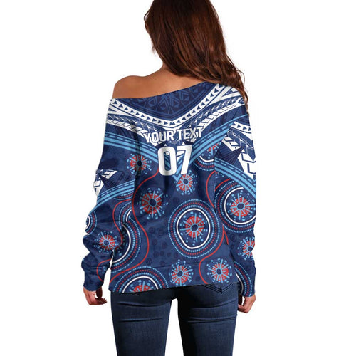 Personalized Australia NSW Blues Off Shoulder Sweater Indigenous Aboriginal Mix Polynesian Motifs