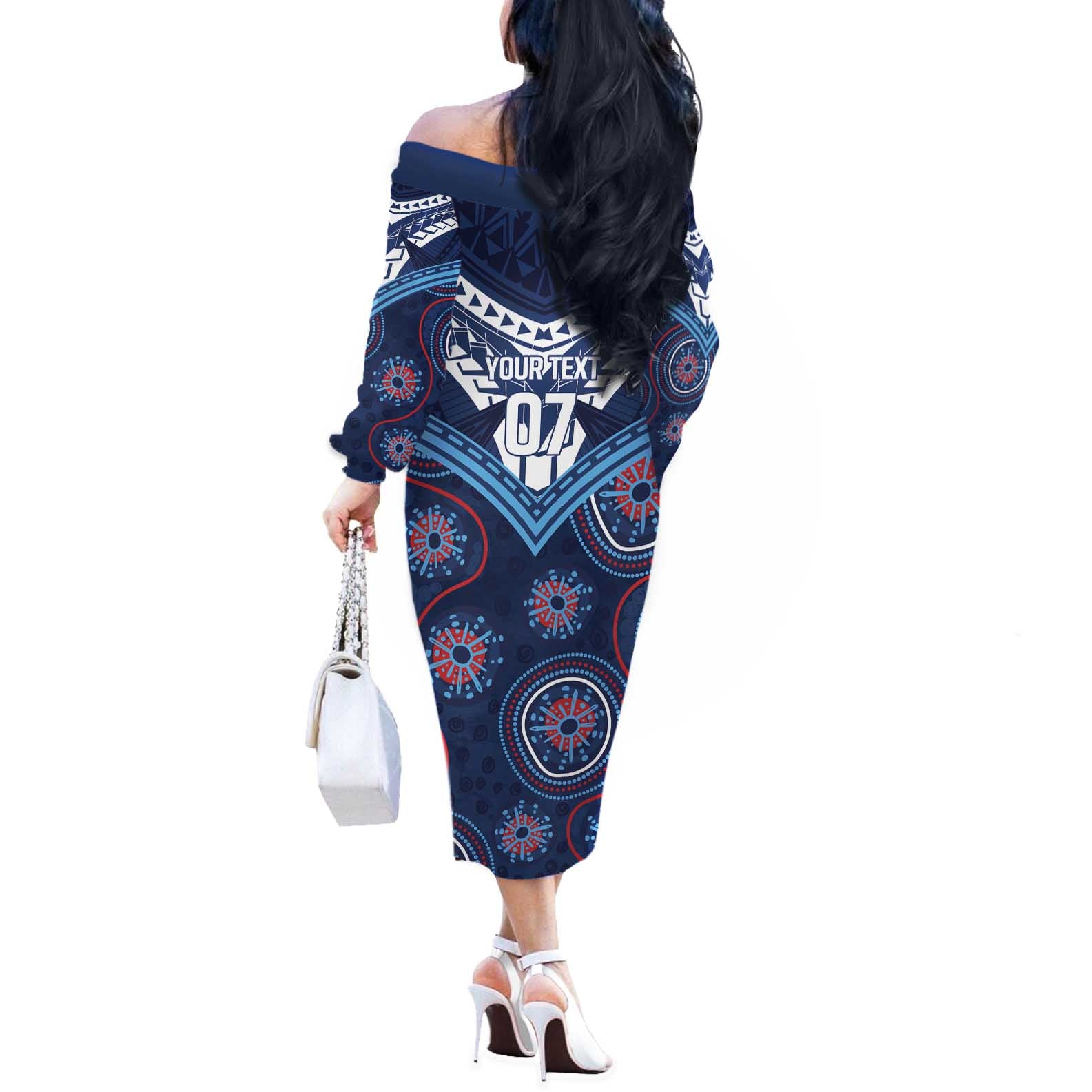 Personalized Australia NSW Blues Off The Shoulder Long Sleeve Dress Indigenous Aboriginal Mix Polynesian Motifs