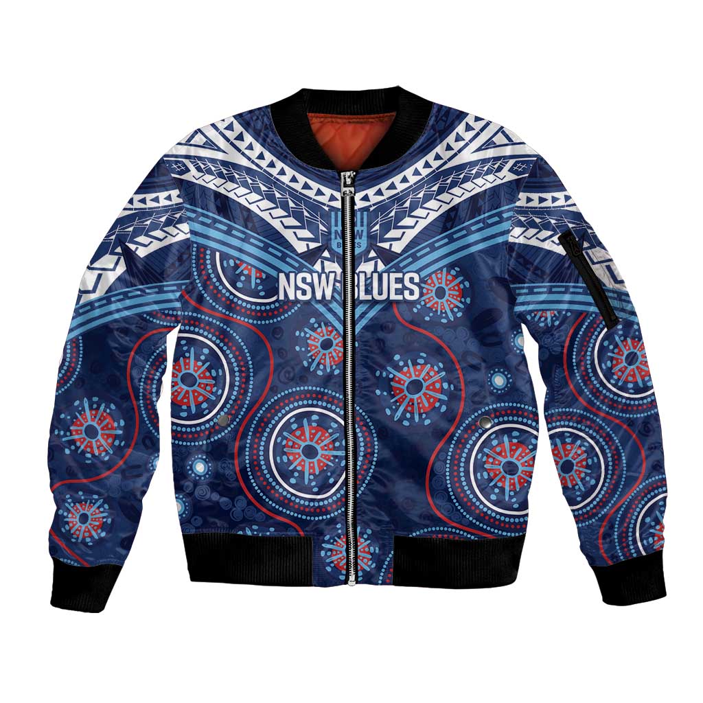 Personalized Australia NSW Blues Sleeve Zip Bomber Jacket Indigenous Aboriginal Mix Polynesian Motifs