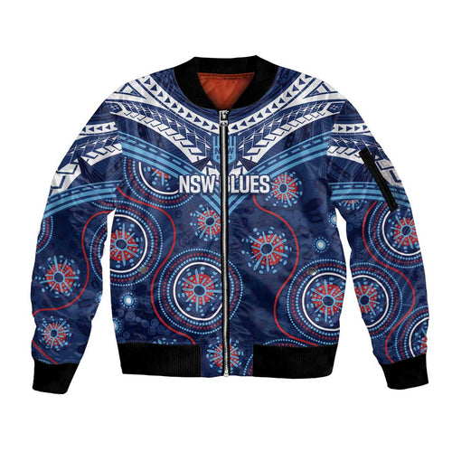 Personalized Australia NSW Blues Sleeve Zip Bomber Jacket Indigenous Aboriginal Mix Polynesian Motifs
