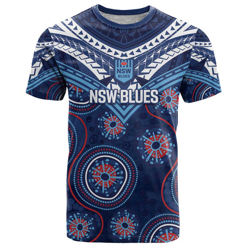 Personalized Australia NSW Blues T Shirt Indigenous Aboriginal Mix Polynesian Motifs