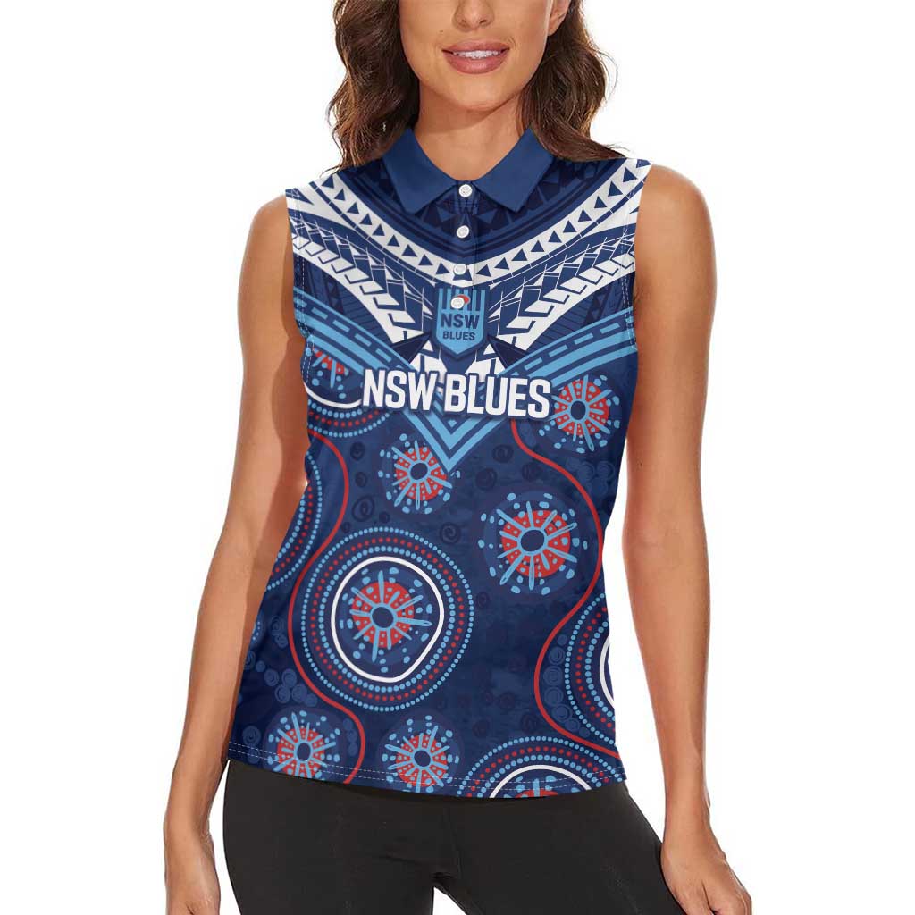 Personalized Australia NSW Blues Women Sleeveless Polo Shirt Indigenous Aboriginal Mix Polynesian Motifs