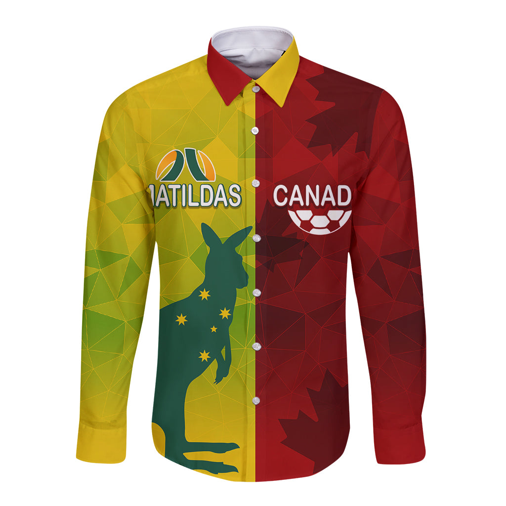 personalised-australia-vs-canada-soccer-long-sleeve-button-shirt-matildas-with-maple-leaves