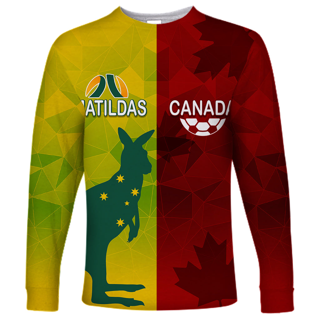 personalised-australia-vs-canada-soccer-long-sleeve-shirt-matildas-with-maple-leaves
