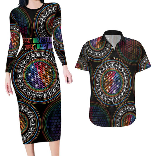 Australia Indigenous Couples Matching Long Sleeve Bodycon Dress and Hawaiian Shirt First Nation LGBT - Respect Our Existence - Aussie Hoodie