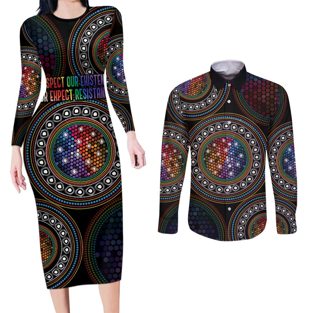 Australia Indigenous Couples Matching Long Sleeve Bodycon Dress and Long Sleeve Button Shirt First Nation LGBT - Respect Our Existence - Aussie Hoodie