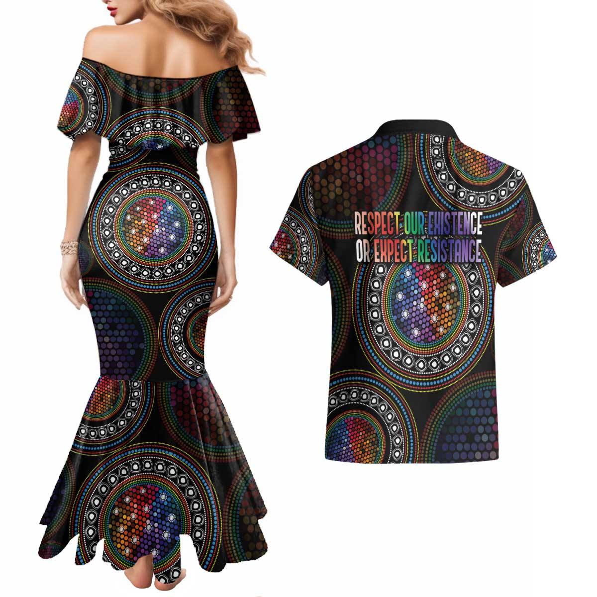 Australia Indigenous Couples Matching Mermaid Dress and Hawaiian Shirt First Nation LGBT - Respect Our Existence - Aussie Hoodie