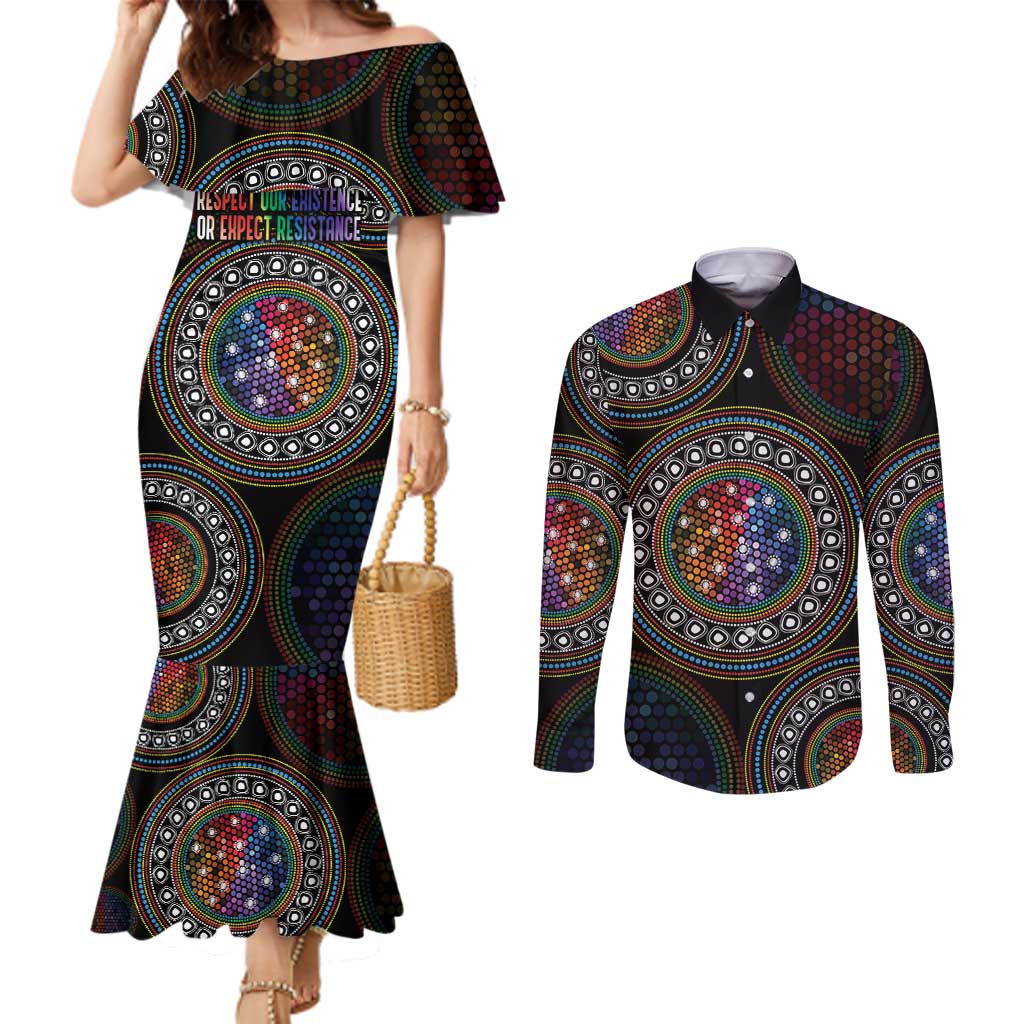 Australia Indigenous Couples Matching Mermaid Dress and Long Sleeve Button Shirt First Nation LGBT - Respect Our Existence - Aussie Hoodie