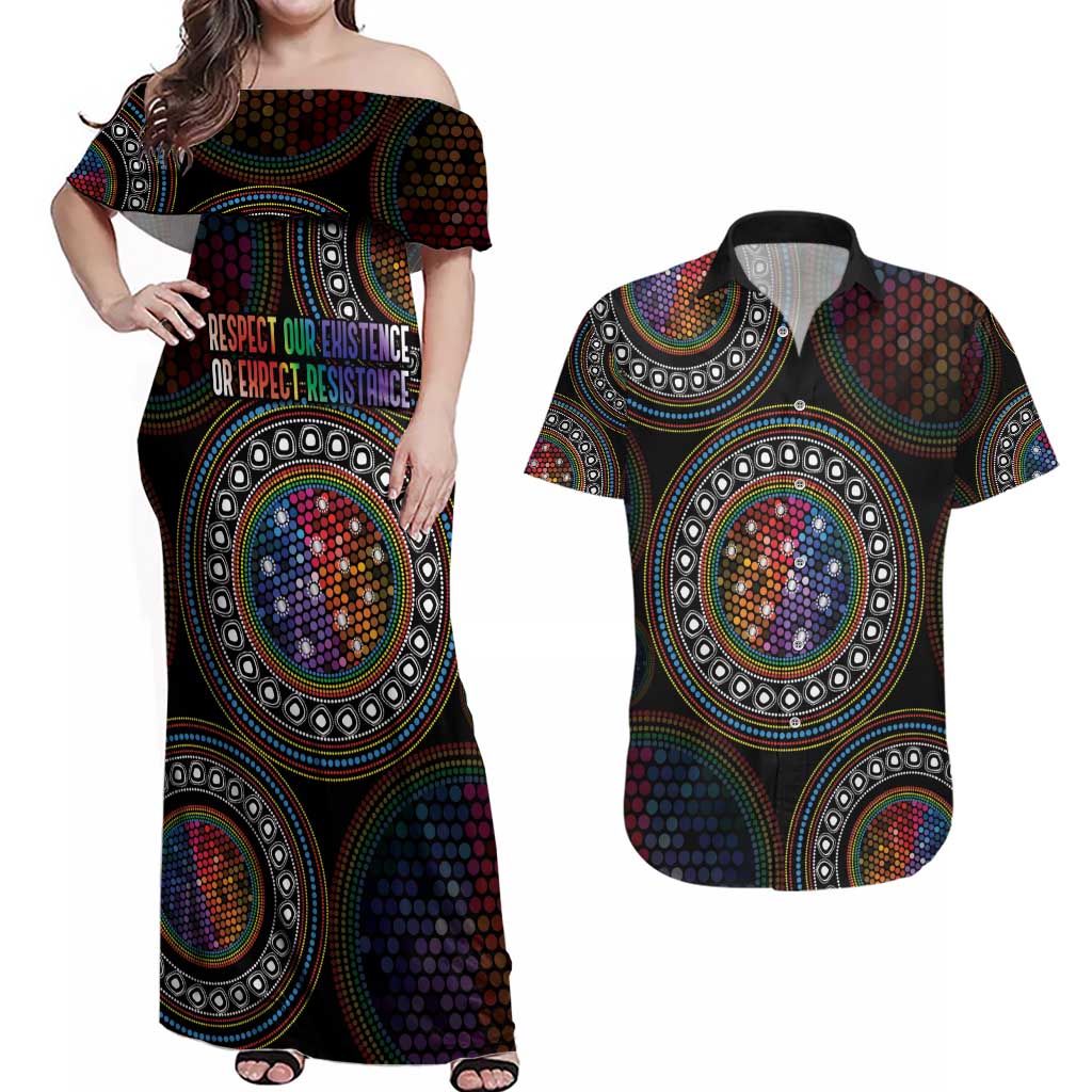 Australia Indigenous Couples Matching Off Shoulder Maxi Dress and Hawaiian Shirt First Nation LGBT - Respect Our Existence - Aussie Hoodie