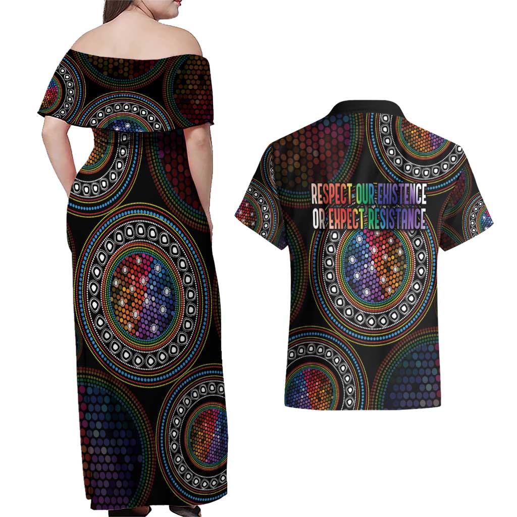 Australia Indigenous Couples Matching Off Shoulder Maxi Dress and Hawaiian Shirt First Nation LGBT - Respect Our Existence - Aussie Hoodie