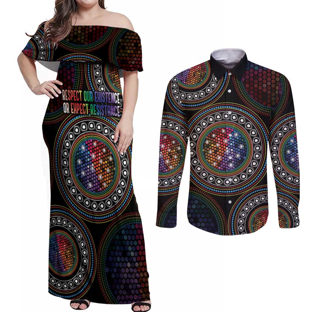 Australia Indigenous Couples Matching Off Shoulder Maxi Dress and Long Sleeve Button Shirt First Nation LGBT - Respect Our Existence - Aussie Hoodie