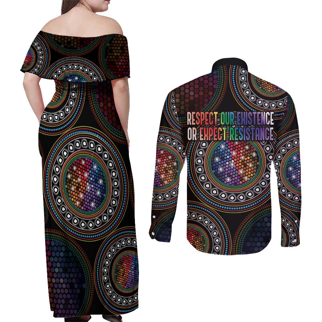Australia Indigenous Couples Matching Off Shoulder Maxi Dress and Long Sleeve Button Shirt First Nation LGBT - Respect Our Existence - Aussie Hoodie