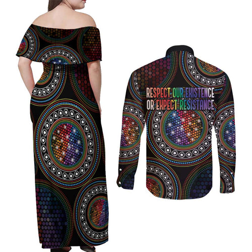Australia Indigenous Couples Matching Off Shoulder Maxi Dress and Long Sleeve Button Shirt First Nation LGBT - Respect Our Existence - Aussie Hoodie