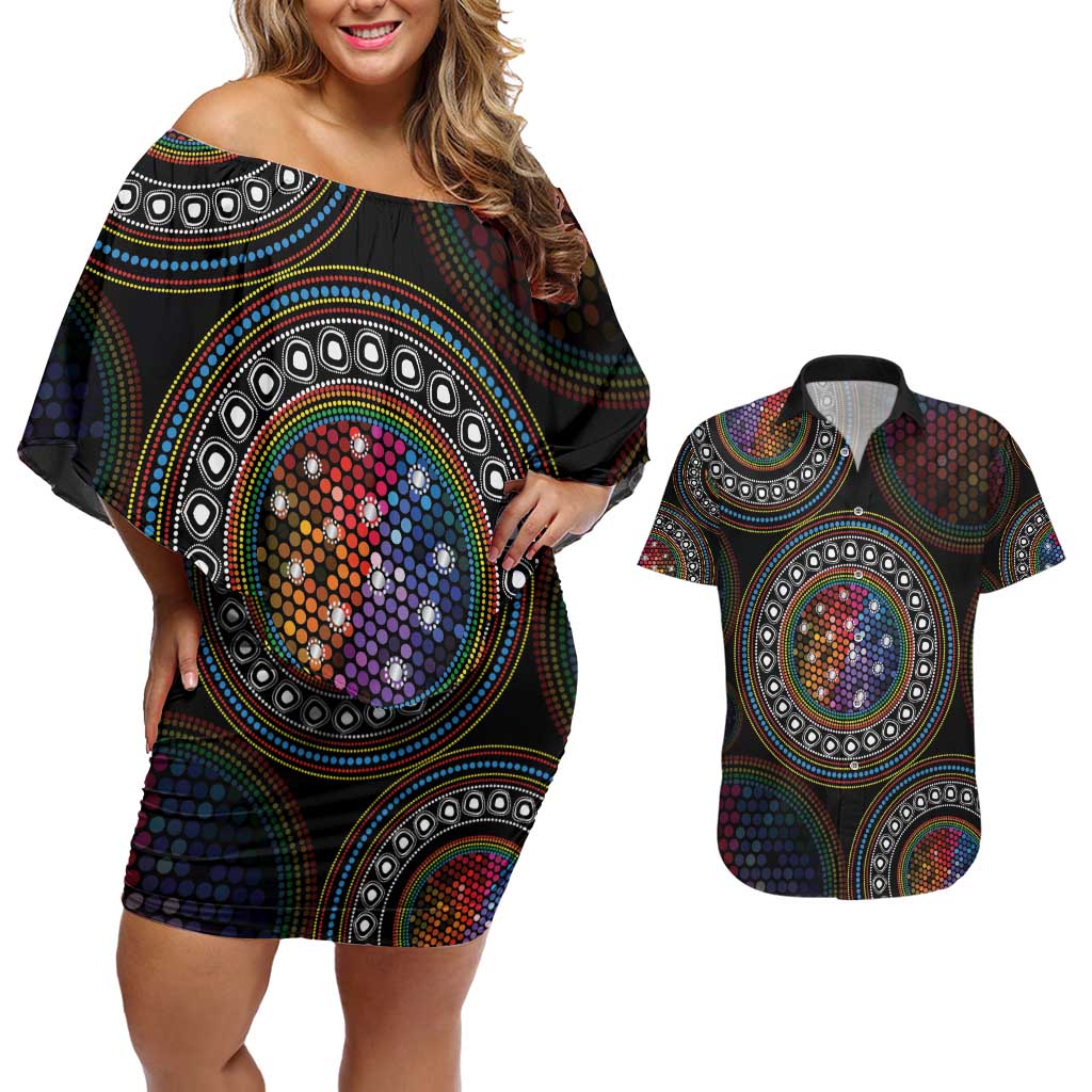 Australia Indigenous Couples Matching Off Shoulder Short Dress and Hawaiian Shirt First Nation LGBT - Respect Our Existence - Aussie Hoodie