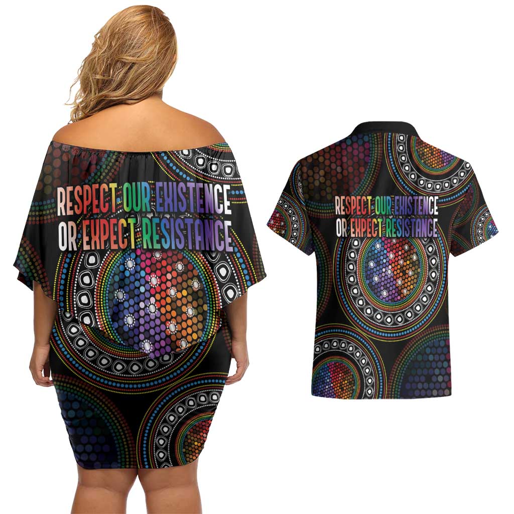 Australia Indigenous Couples Matching Off Shoulder Short Dress and Hawaiian Shirt First Nation LGBT - Respect Our Existence - Aussie Hoodie