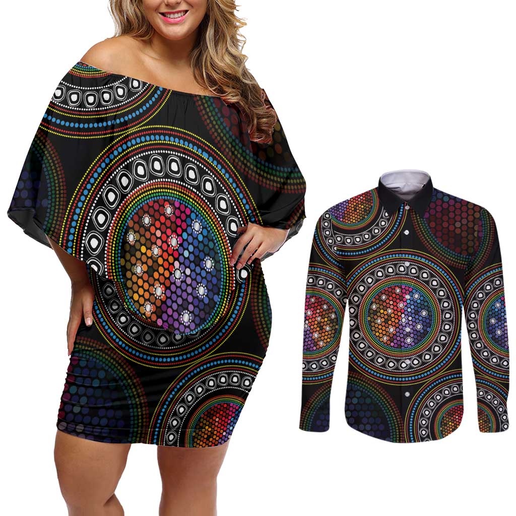 Australia Indigenous Couples Matching Off Shoulder Short Dress and Long Sleeve Button Shirt First Nation LGBT - Respect Our Existence - Aussie Hoodie