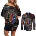 Australia Indigenous Couples Matching Off Shoulder Short Dress and Long Sleeve Button Shirt First Nation LGBT - Respect Our Existence - Aussie Hoodie