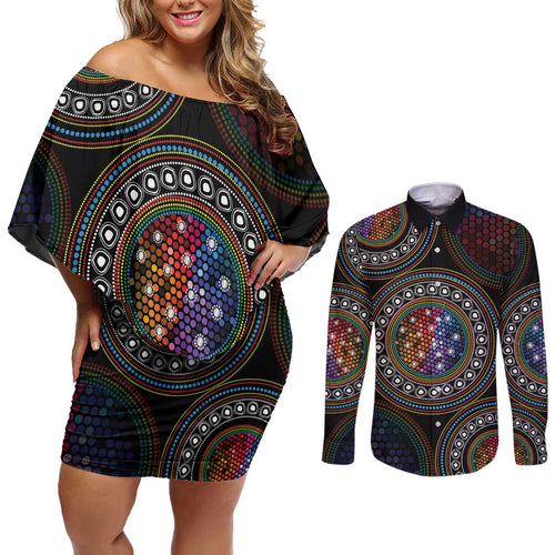 Australia Indigenous Couples Matching Off Shoulder Short Dress and Long Sleeve Button Shirt First Nation LGBT - Respect Our Existence - Aussie Hoodie