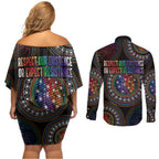 Australia Indigenous Couples Matching Off Shoulder Short Dress and Long Sleeve Button Shirt First Nation LGBT - Respect Our Existence - Aussie Hoodie