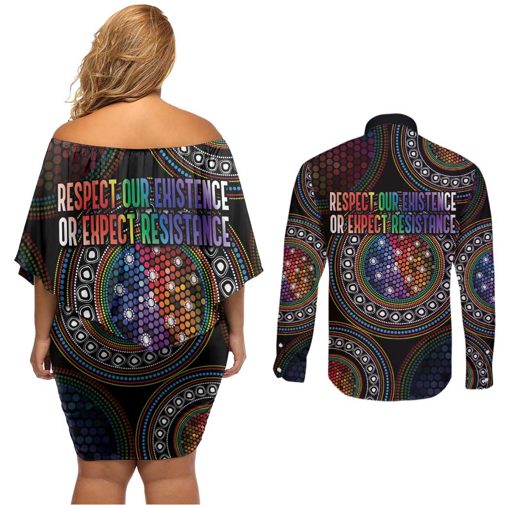 Australia Indigenous Couples Matching Off Shoulder Short Dress and Long Sleeve Button Shirt First Nation LGBT - Respect Our Existence - Aussie Hoodie