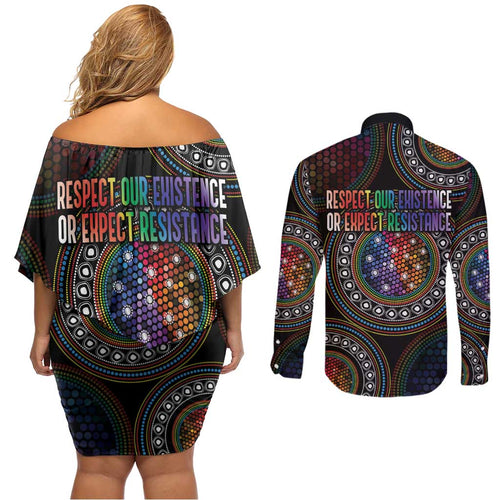 Australia Indigenous Couples Matching Off Shoulder Short Dress and Long Sleeve Button Shirt First Nation LGBT - Respect Our Existence - Aussie Hoodie