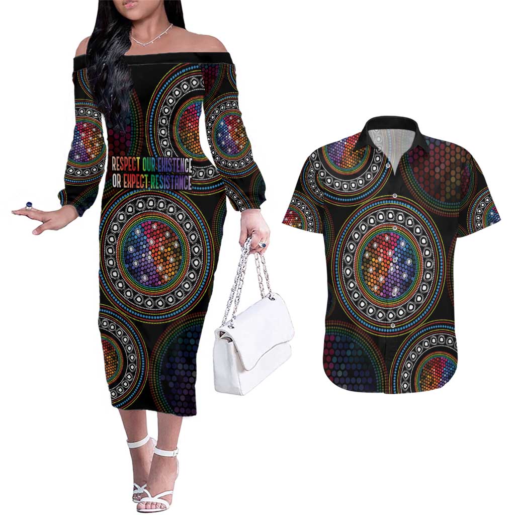 Australia Indigenous Couples Matching Off The Shoulder Long Sleeve Dress and Hawaiian Shirt First Nation LGBT - Respect Our Existence - Aussie Hoodie