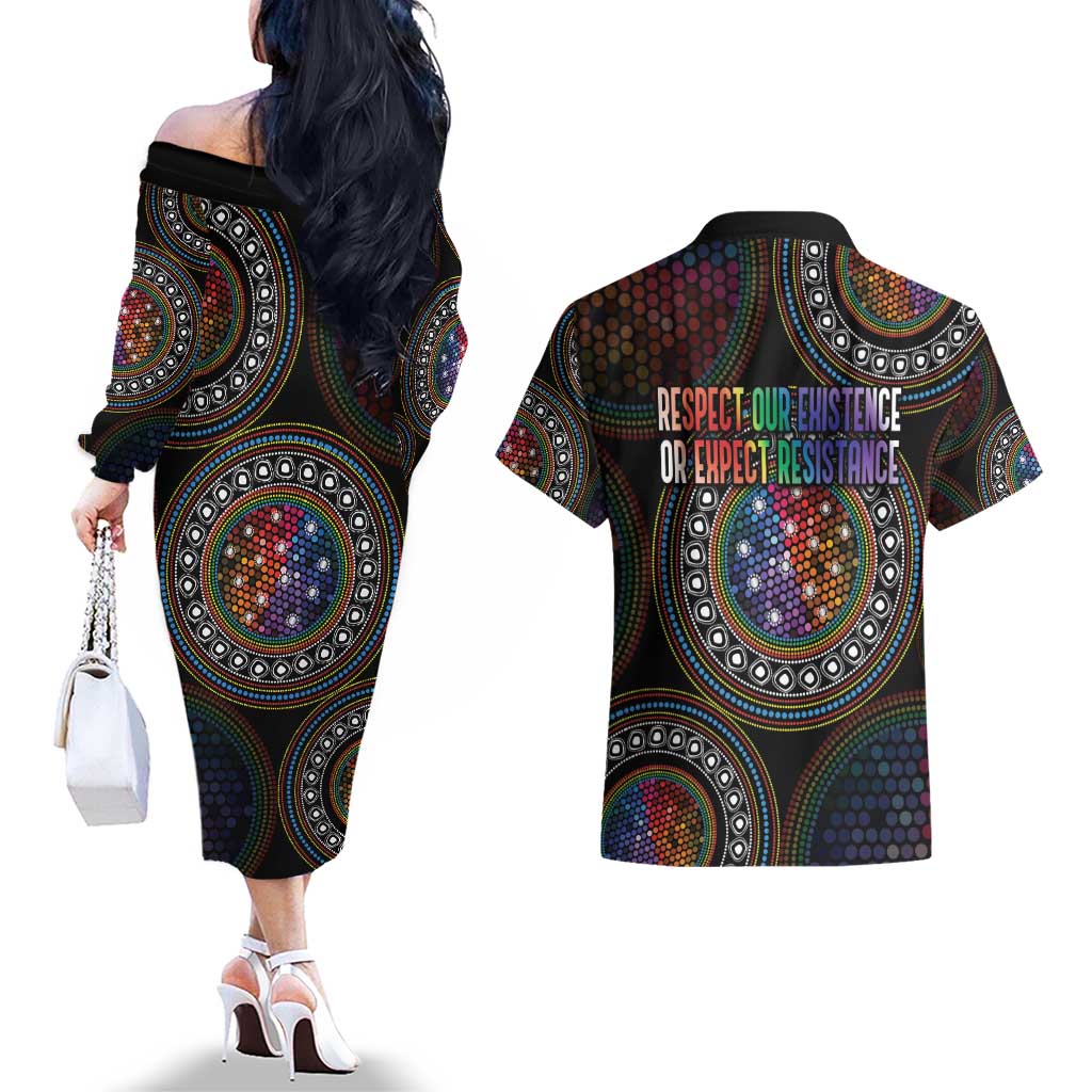 Australia Indigenous Couples Matching Off The Shoulder Long Sleeve Dress and Hawaiian Shirt First Nation LGBT - Respect Our Existence - Aussie Hoodie