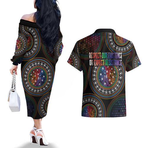 Australia Indigenous Couples Matching Off The Shoulder Long Sleeve Dress and Hawaiian Shirt First Nation LGBT - Respect Our Existence - Aussie Hoodie