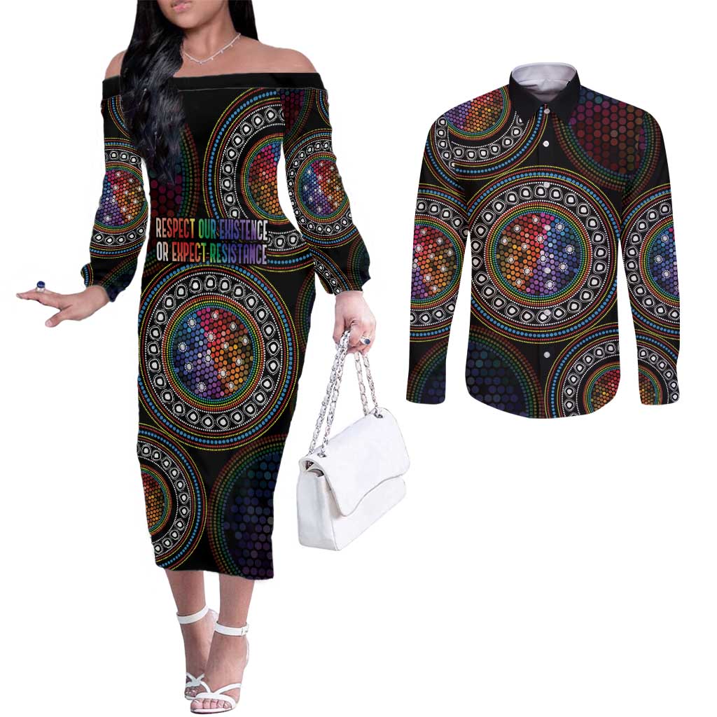 Australia Indigenous Couples Matching Off The Shoulder Long Sleeve Dress and Long Sleeve Button Shirt First Nation LGBT - Respect Our Existence - Aussie Hoodie