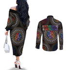 Australia Indigenous Couples Matching Off The Shoulder Long Sleeve Dress and Long Sleeve Button Shirt First Nation LGBT - Respect Our Existence - Aussie Hoodie