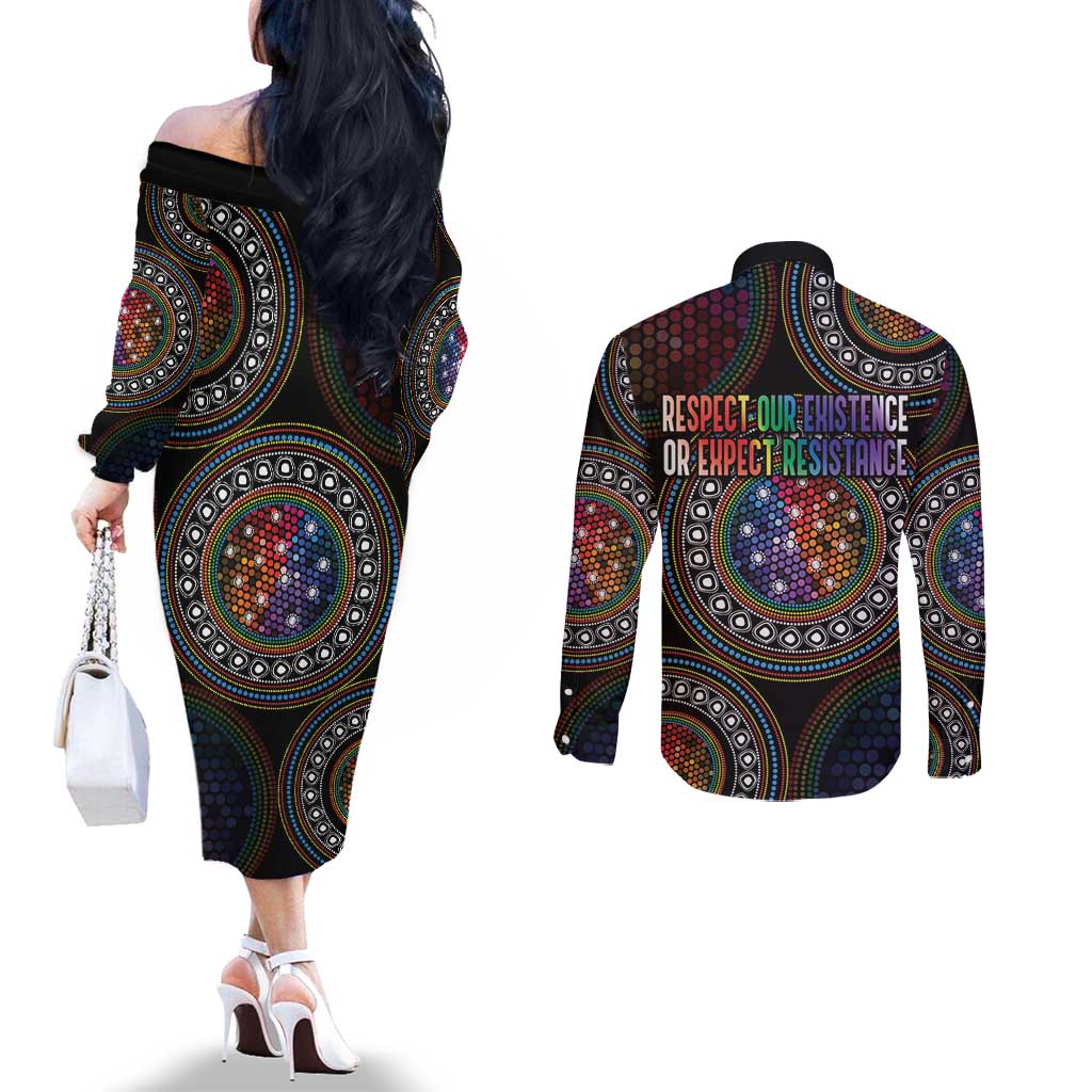Australia Indigenous Couples Matching Off The Shoulder Long Sleeve Dress and Long Sleeve Button Shirt First Nation LGBT - Respect Our Existence - Aussie Hoodie