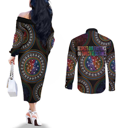 Australia Indigenous Couples Matching Off The Shoulder Long Sleeve Dress and Long Sleeve Button Shirt First Nation LGBT - Respect Our Existence - Aussie Hoodie