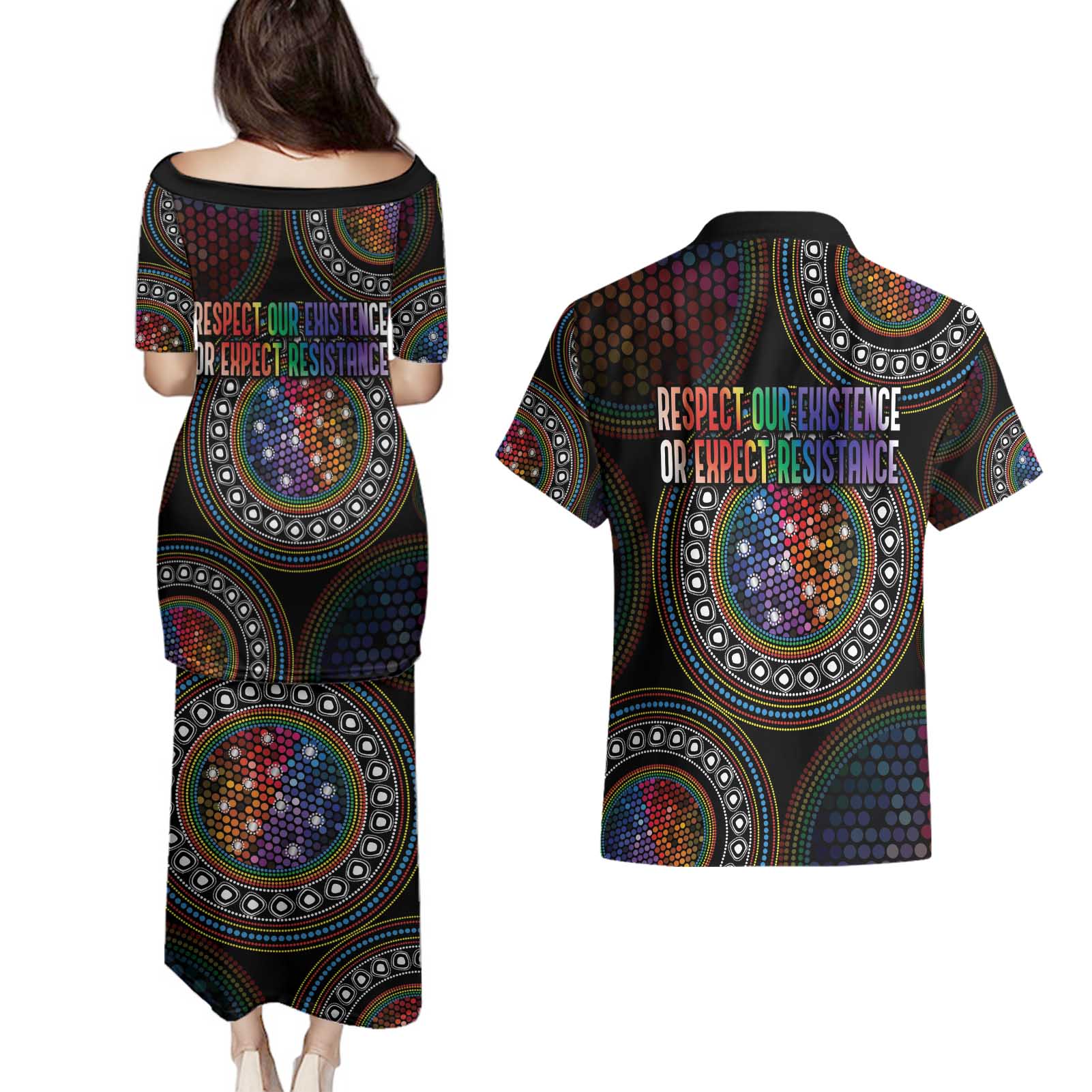 Australia Indigenous Couples Matching Puletasi and Hawaiian Shirt First Nation LGBT - Respect Our Existence - Aussie Hoodie