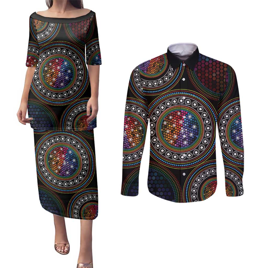 Australia Indigenous Couples Matching Puletasi and Long Sleeve Button Shirt First Nation LGBT - Respect Our Existence - Aussie Hoodie