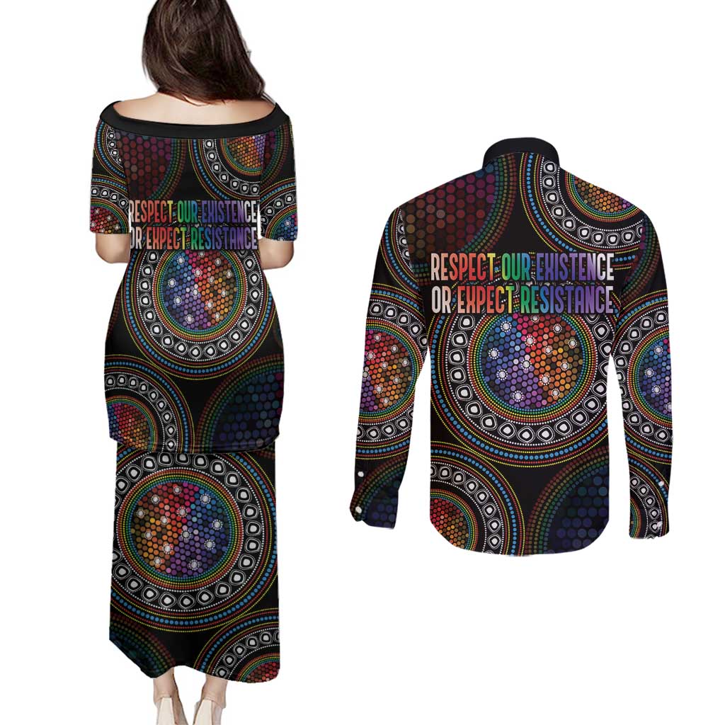 Australia Indigenous Couples Matching Puletasi and Long Sleeve Button Shirt First Nation LGBT - Respect Our Existence - Aussie Hoodie