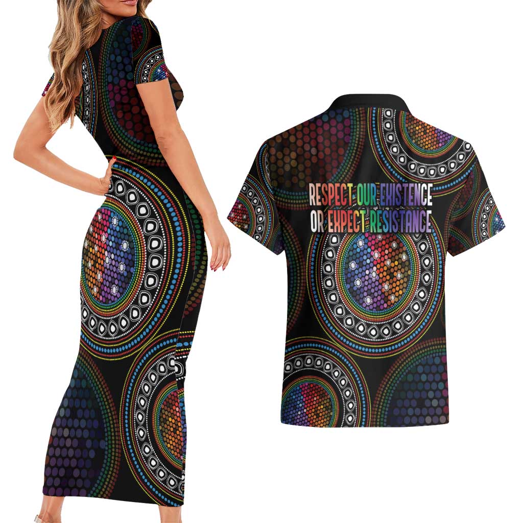 Australia Indigenous Couples Matching Short Sleeve Bodycon Dress and Hawaiian Shirt First Nation LGBT - Respect Our Existence - Aussie Hoodie