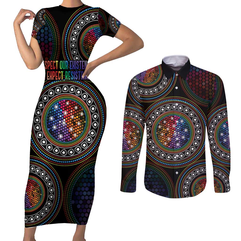 Australia Indigenous Couples Matching Short Sleeve Bodycon Dress and Long Sleeve Button Shirt First Nation LGBT - Respect Our Existence - Aussie Hoodie