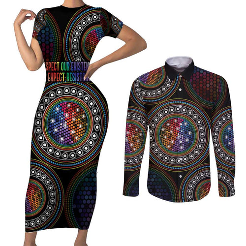 Australia Indigenous Couples Matching Short Sleeve Bodycon Dress and Long Sleeve Button Shirt First Nation LGBT - Respect Our Existence - Aussie Hoodie