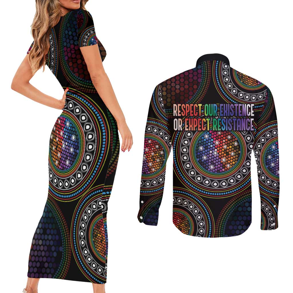 Australia Indigenous Couples Matching Short Sleeve Bodycon Dress and Long Sleeve Button Shirt First Nation LGBT - Respect Our Existence - Aussie Hoodie